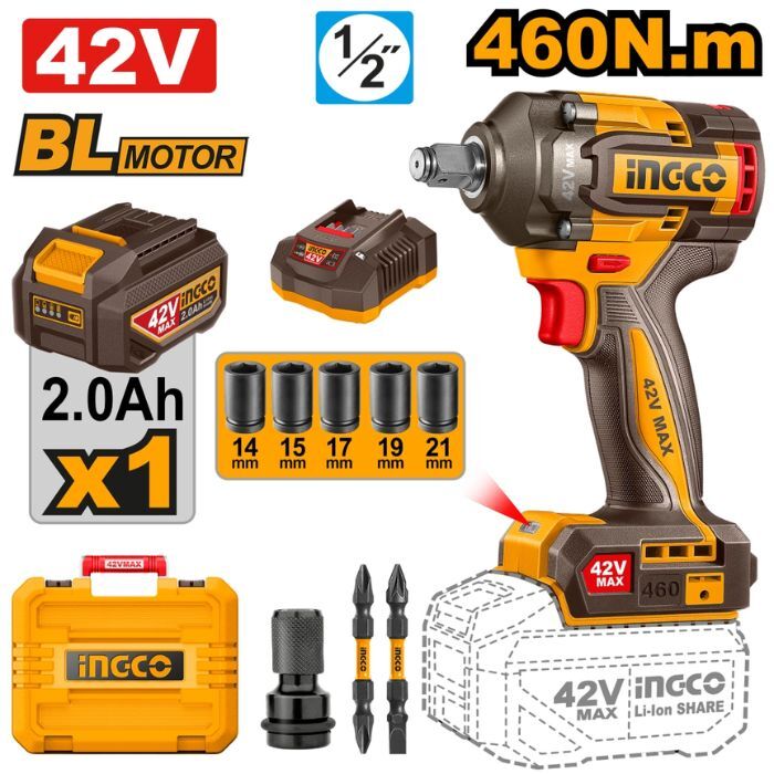 Llave de Impacto Ingco A Bateria 42v C/Bateria y Cragador
