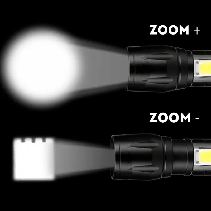 Linterna LED Recargable con Luz Lateral y Zoom + Estuche